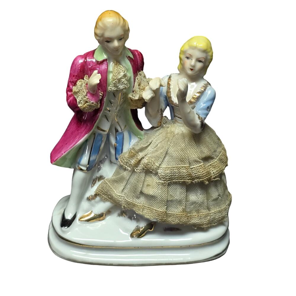 Porcelain Victorian Colonial Couple Courting Man & Women Lace Dress Figurines